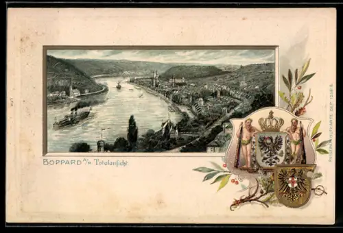 Passepartout-Lithographie Boppard, Panoramablick auf die Ortschaft am Rhein, Wappen