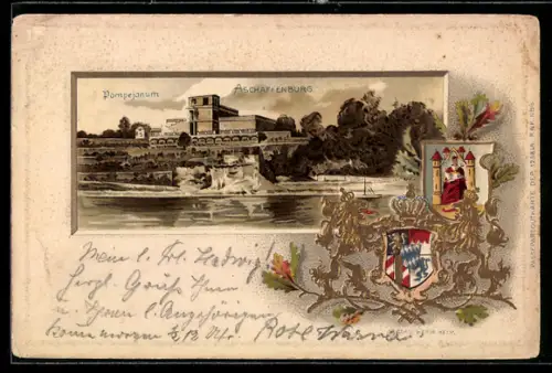 Passepartout-Lithographie Aschaffenburg, Ansicht vom Pompejanum, Wappen