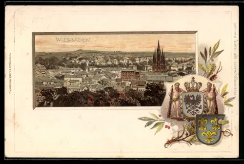 Passepartout-Lithographie Wiesbaden, Totalansicht mit Kirche, Wappen