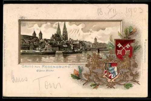 Passepartout-Lithographie Regensburg, Ortspartie mit der Eisernen Brücke und dem Dom