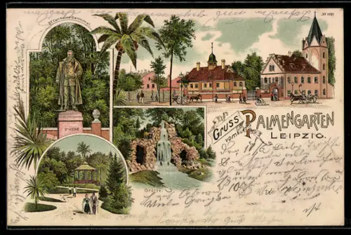 Lithographie Leipzig, Palmengarten, Grotte, Heine-Denkmal