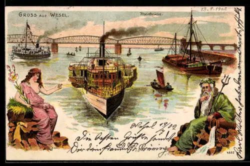 Lithographie Wesel /Rhein, Dampfer vor der Rheinbrücke