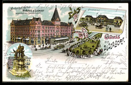 Lithographie Düsseldorf, Bahnhof-Hotel Werner & Schmidt, Hauptbahnhof, Kaiser Wilhelm I.-Denkmal