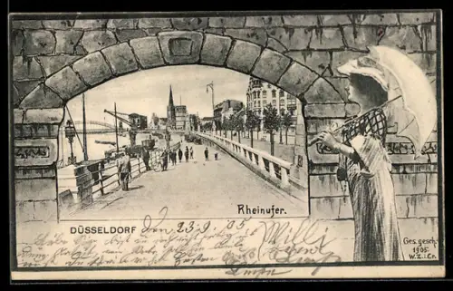 Grusskarten-AK Düsseldorf, Rheinufer im Passepartout, Dame mit Schirm