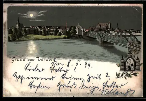 Lithographie Verden, Flusspartie mit Brücke