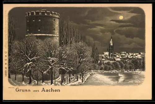 Winter-Lithographie Aachen, Teilansicht mit Turm