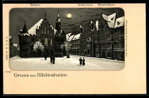 Winter-Lithographie Hildesheim, Rathaus, Templerhaus und Wedekindhaus bei Nacht und Vollmond