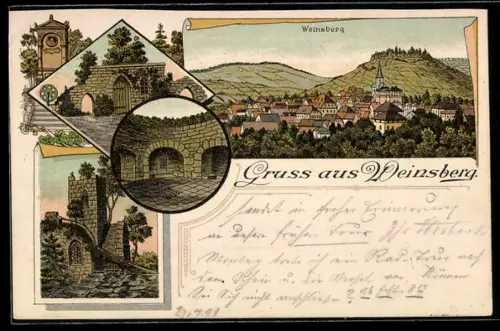 Lithographie Weinsberg, Ortsansicht mit Kirche, Ruine