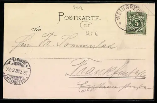 Lithographie Weinsberg, Ortsansicht mit Kirche, Ruine