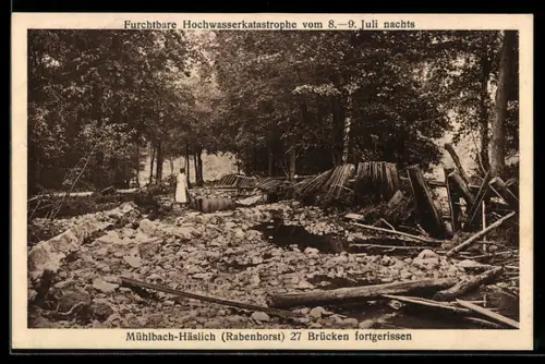 AK Mühlbach-Häselich, Hochwasserkatastrophe vom 8. - 9. Juli 1927 nachts, zerstörte Eisenbahnbrücke