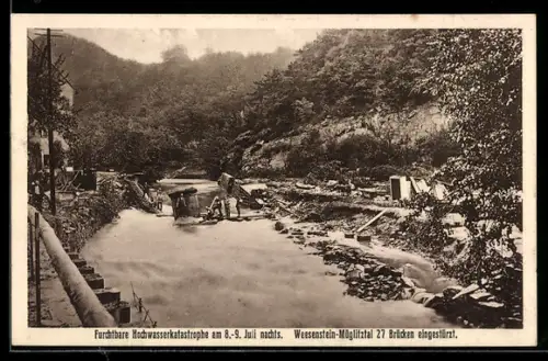 AK Weesenstein /Müglitztal, Hochwasserkatastrophe 1927, Schäden am Flussufer