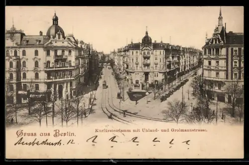 AK Berlin-Charlottenburg, Kurfürstendamm mit Uhland- und Grolmannstrasse, Strassenbahn, Um 1900