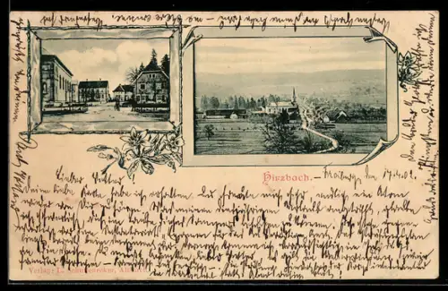 AK Hirzbach, Marktplatz-Panorama, Gesamtansicht mit Durchgangsstrasse u. Fernblick, Rahmen, Blumen