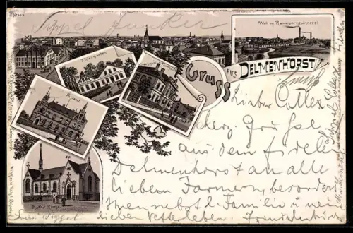 Lithographie Delmenhorst, Gasthof Zum Thiergarten, Postamt, Woll- und Kammgarnspinnerei, Bürgerschule und Turnhalle