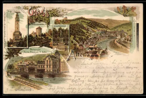 Lithographie Altena i. W., Restaurant Herm. Trappe, H. Sohn mit Brücke u. Gleisen, Kriegerdenkmal