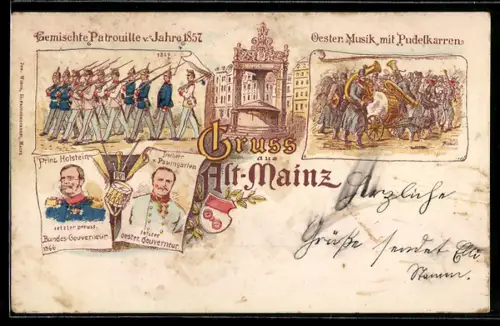 Lithographie Mainz, Alt-Mainz, Patrouille v. 1857, Oesterr. Musik m. Pudelkarren, Prinz Holstein