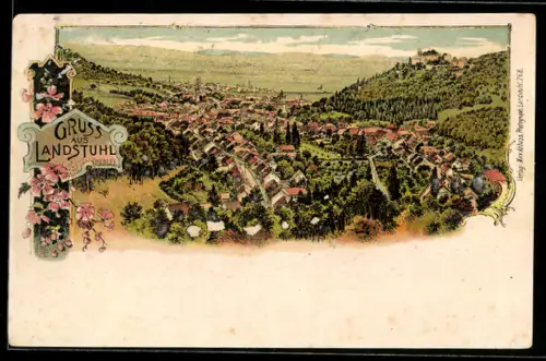 Lithographie Landstuhl, Gesamtansicht mit Fernblick aus der Vogelschau, Blumen