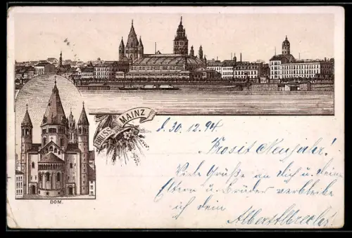 Lithographie Mainz, Dom, Stadtpanorama vom Wasser aus
