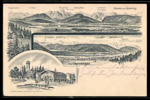 Lithographie Oberwarngau, Gasthaus und Aussichtsturm auf dem Taubenberg, Alpenpanorama