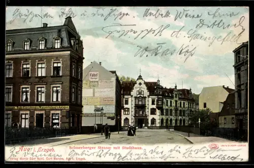 AK Aue i. Erzg., Schneeberger Strasse mit Stadthaus u. Geschäftshaus, Panorama