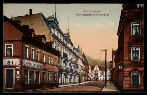 AK Aue, Schneebergerstrasse mit Stadthaus