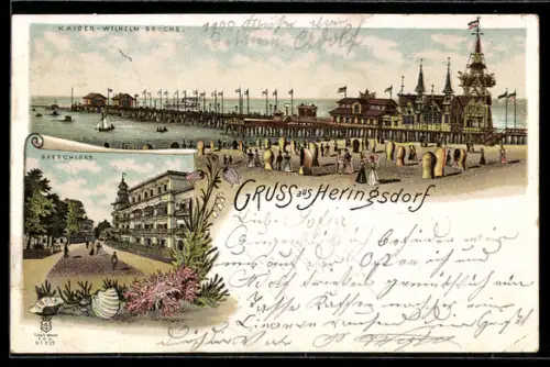 Lithographie Heringsdorf, Kaiser-Wilhelm-Brücke, Seeschloss