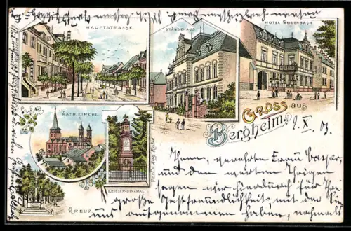 Lithographie Bergheim, Hotel Weidenbach, Kriegerdenkmal, Hauptstrasse, Ständehaus
