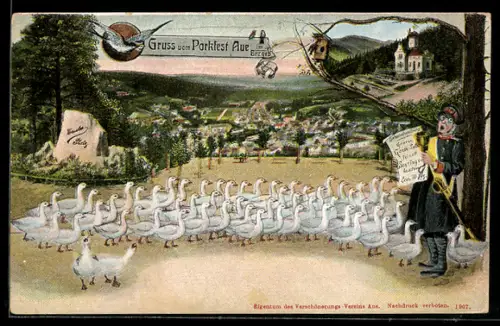 AK Aue, Parkfest, Mann mit Bekanntmachung: Grosse Gänse-Lotterie feiner Sonntagsbraten