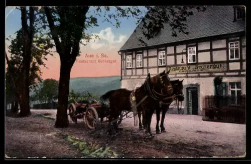 AK Aue i. Sa., Restaurant Bechergut E. Schmidt, mit Strasse, Landschaftsblick, Pferdewagen