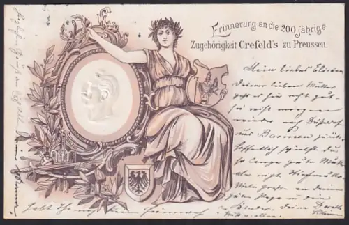 Lithographie Crefeld, 200jährige Zugehörigkeit zu Preussen, Frauenfigur mit Kaiser-Portrait, Lorbeer, Wappen