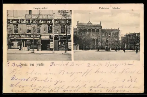 AK Berlin, Gasthaus Bier-Halle Potsdamer Bahnhof, rückseitig Filiale Königgrätzerstrasse 71, Potsdamer Bhf.
