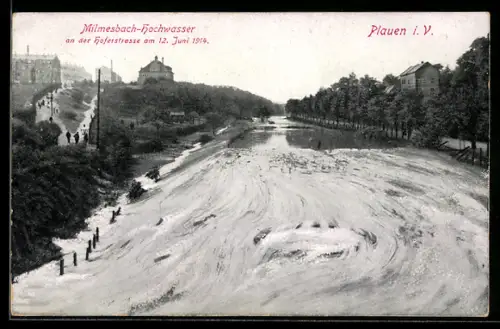 AK Plauen, Milmesbach-Hochwasser 1914, Hoferstrasse
