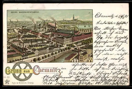 Lithographie Chemnitz, Sächsische Maschinenfabrik mit Brücke u. Stadt aus der Vogelschau