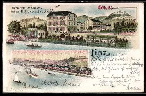 Lithographie Linz am Rhein, Teilansicht, Hotel Weinstock