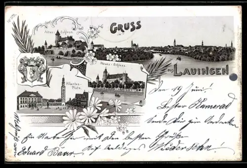 Lithographie Lauingen, Altes Schloss, Albertusplatz, Neue Schloss, Totalansicht