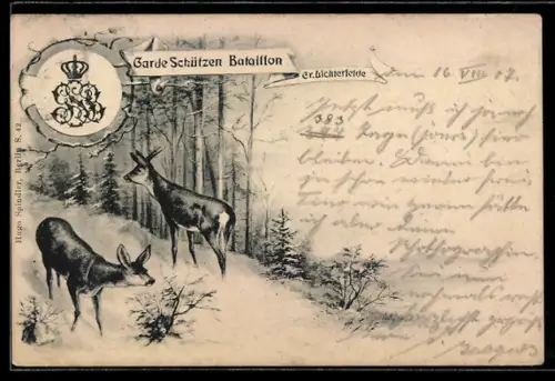 Künstler-AK Berlin-Gr. Lichterfelde, Garde Schützen Bataillon, Wappen, Rehe im winterlichen Wald