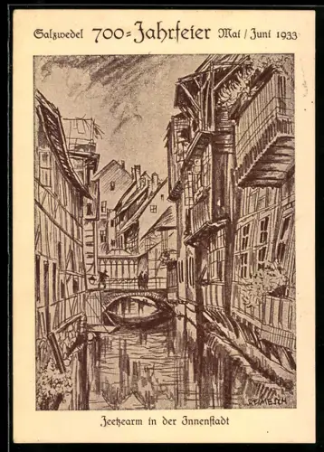 Künstler-AK Salzwedel, 700 Jahrfeier 1933, Jeetzearm in der Innenstadt