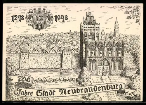 Künstler-AK Neubrandenburg, 700-jähriges Jubiläum 1948, Ortspartie am Tor