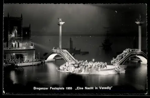AK Bregenz, Festspiele 1955, Eine Nacht in Venedig, Szenenbild, Schiff, Uferblick