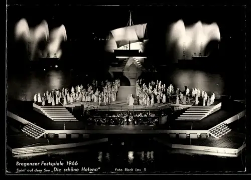 AK Bregenz, Festspiele 1966, Spiel auf dem See, Die schöne Helena, Szene mit Schiff