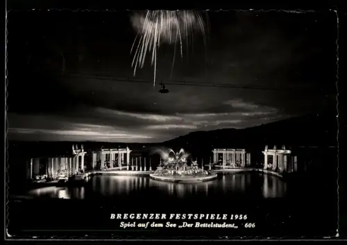 AK Bregenz, Festspiele 1956, Spiel auf dem See, Der Bettelstudent, Szenenbild, Feuerwerk