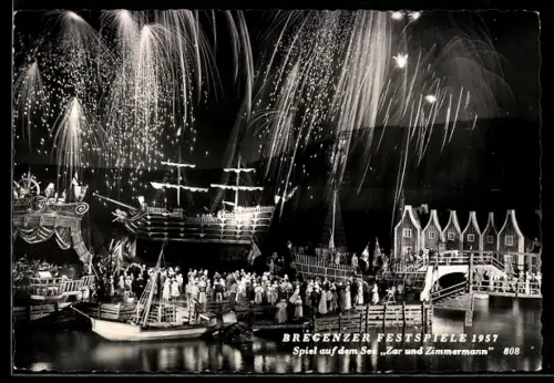 AK Bregenz, Festspiele bei Nacht, Spiel auf dem See Zar und Zimmermann