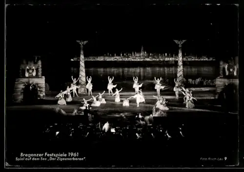 AK Bregenz, Festspiele 1961, Spiel auf dem See, Der Zigeunerbaron, Szenenbild mit Tanz