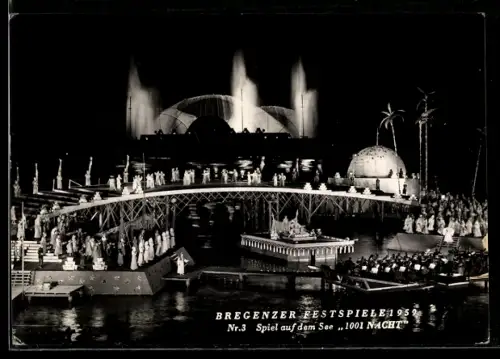 AK Bregenz, Festspiele 1959, Spiel auf dem See, 1001 Nacht, Szenenbild, Fontänen