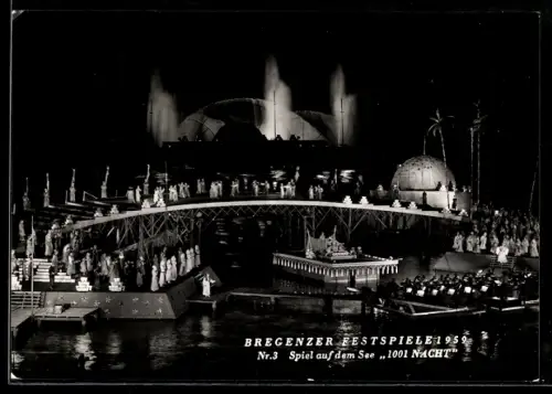 AK Bregenz, Festspiele 1959, Spiel auf dem See, 1001 Nacht, Szenenbild mit Fontänen
