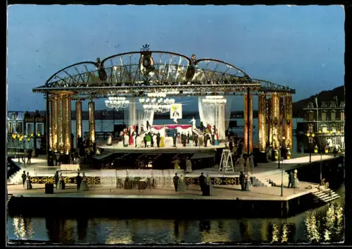 AK Bregenz, Festspiele 1968, Spiel auf dem See, Die lustige Witwe, Szenenbild, Dämmerung