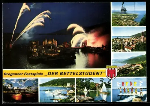 AK Bregenz, Festspiele 1972, Spiel auf dem See, Der Bettelstudent, Szenenbild mit Feuerwerk, Stadtpartien