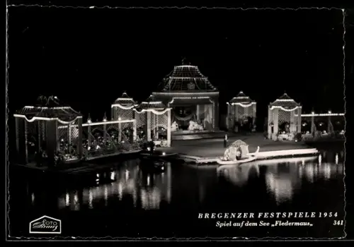AK Bregenz, Festspiele 1954, Spiel auf dem See, Fledermaus, Szenenbild mit Gondel
