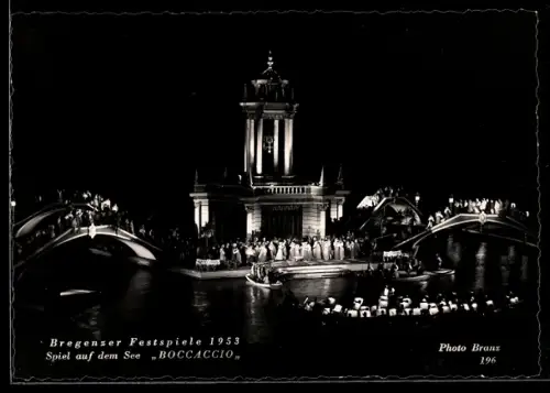 AK Bregenz, Festspiele 1953, Spiel auf dem See, Boccaccio, Szenenbild mit Booten
