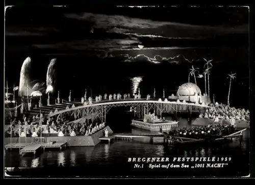 AK Bregenz, Festspiele 1959, Spiel auf dem See, 1001 Nacht, Szenenbild mit Mond